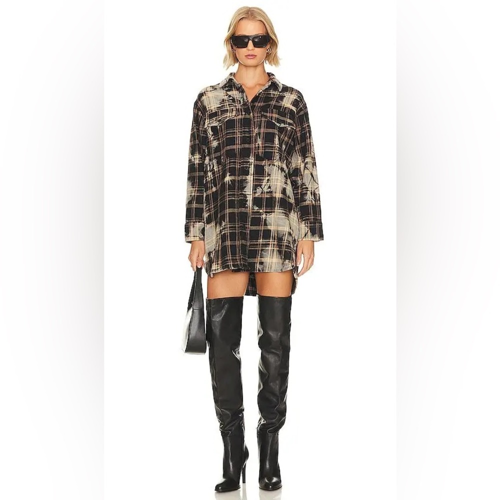 AllSaints Womens Brown Cream Cotton Check Pocket Lily Shacket Shirt Dress Size 8